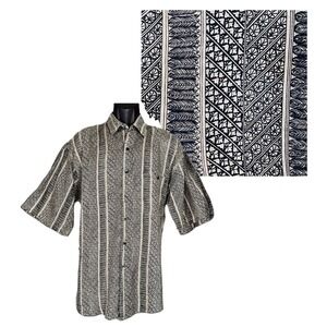 VTG 90s Block Print Silk Shirt Medium Feather Boho Striped Button Up Cream Black